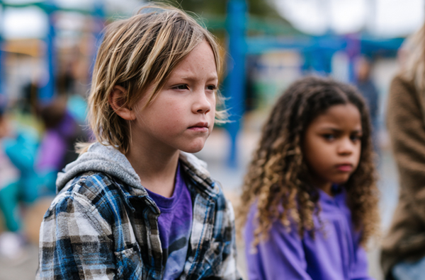 Children standing together in a public setting