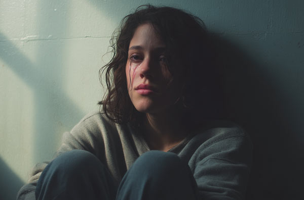 Woman sitting alone with a serious expression